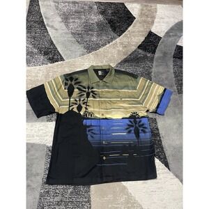 VTG Chillwear Hawaiian Shirt Men Large Green Black Loop Collar Camp Beach Button